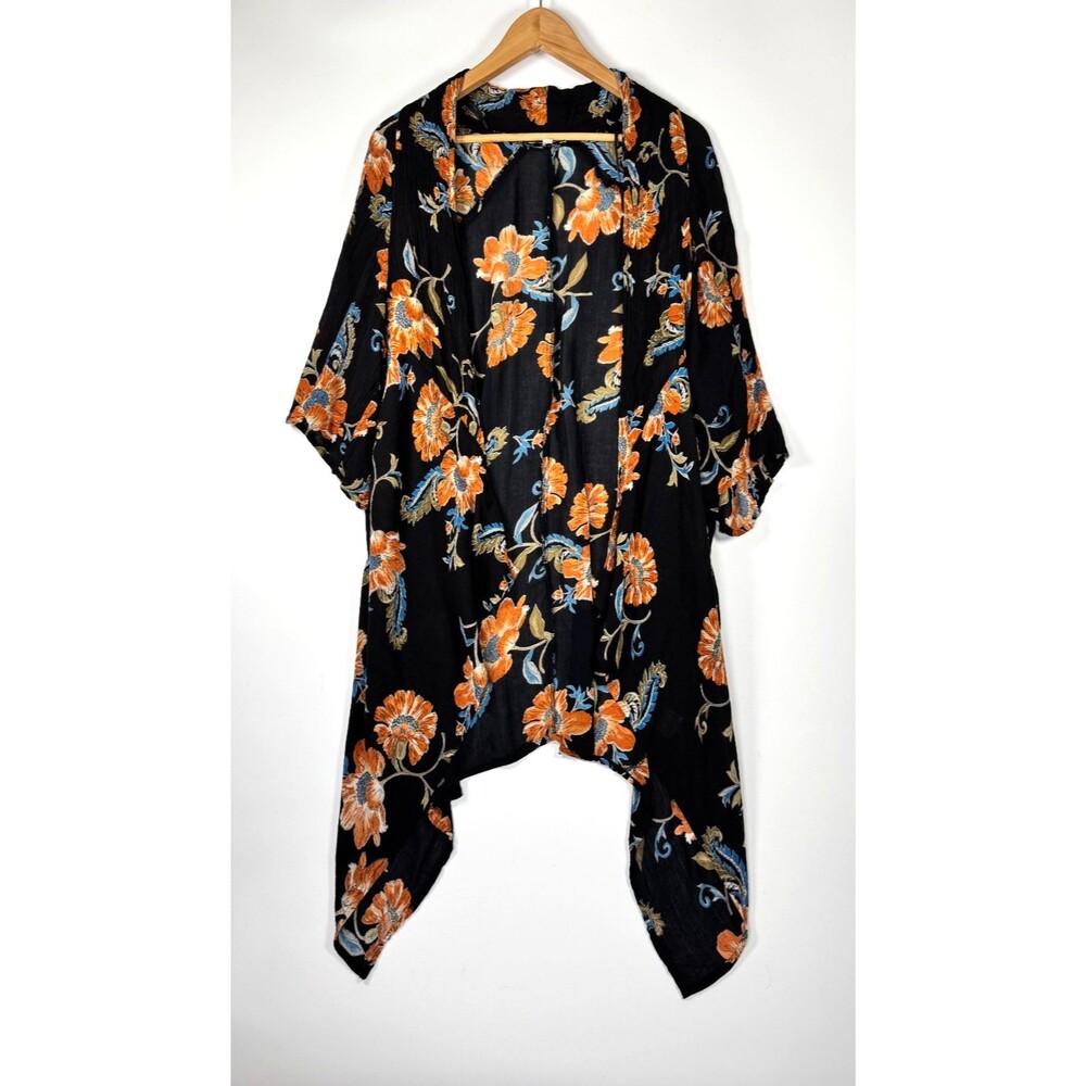 Patrons of Peace Kimono Cardigan Duster Medium Black Floral‎ Boho Lightweight